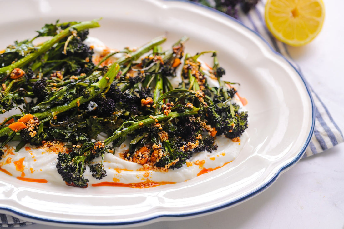 Roasted Purple Sprouting Broccoli with Whipped Ricotta & Chilli Oil