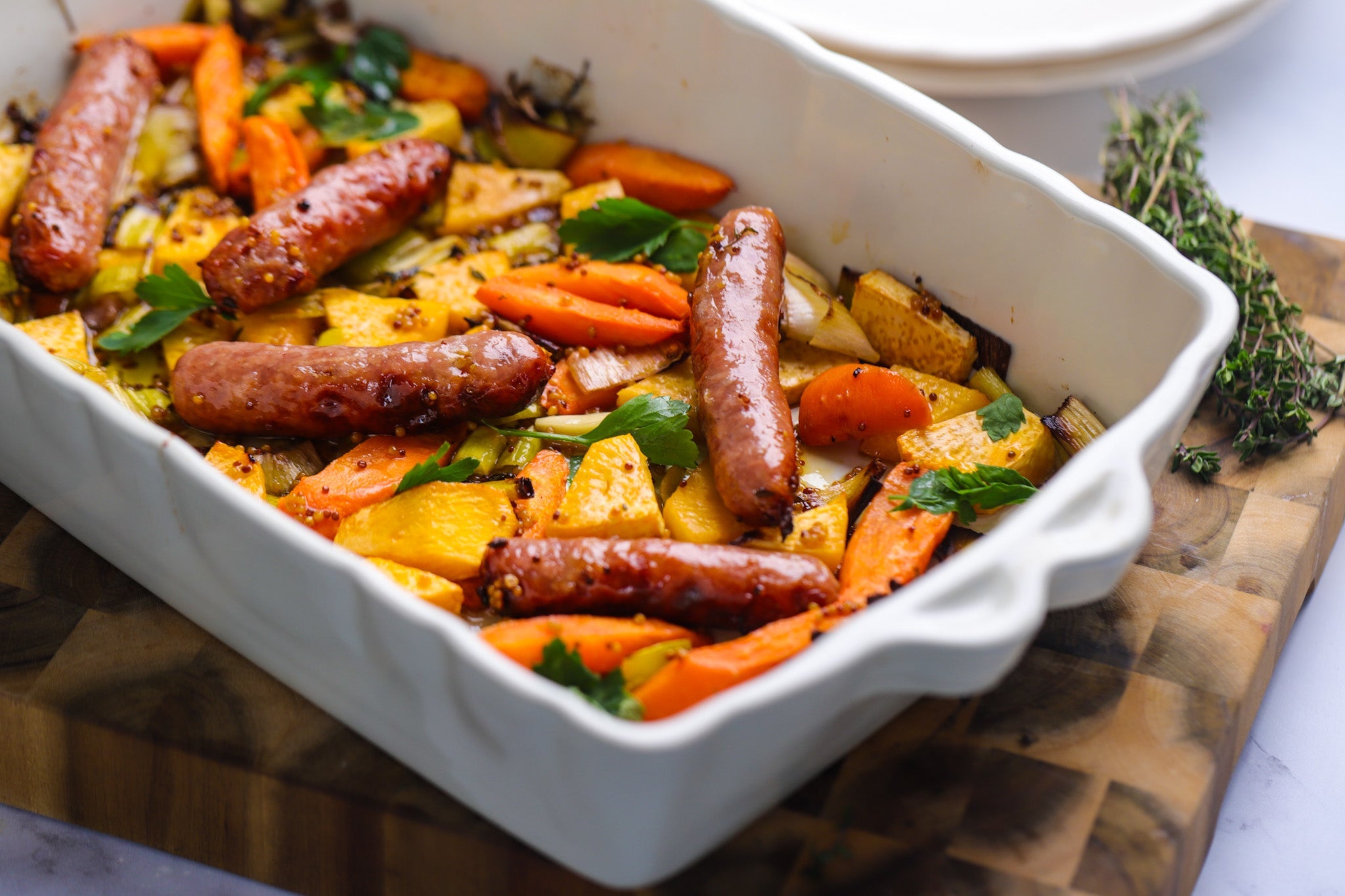 Sausage, Turnip, Leek & Carrot Tray Bake with Honey Mustard & Thyme