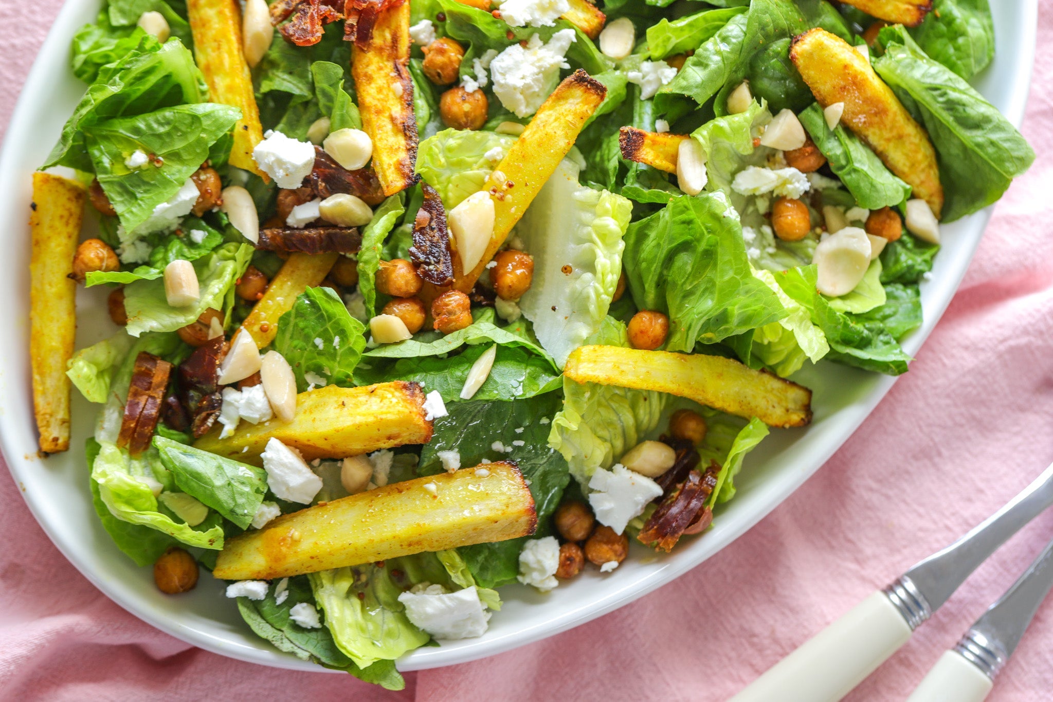 Roasted Parsnip, Crispy Chickpea, Feta, Date & Almond Salad