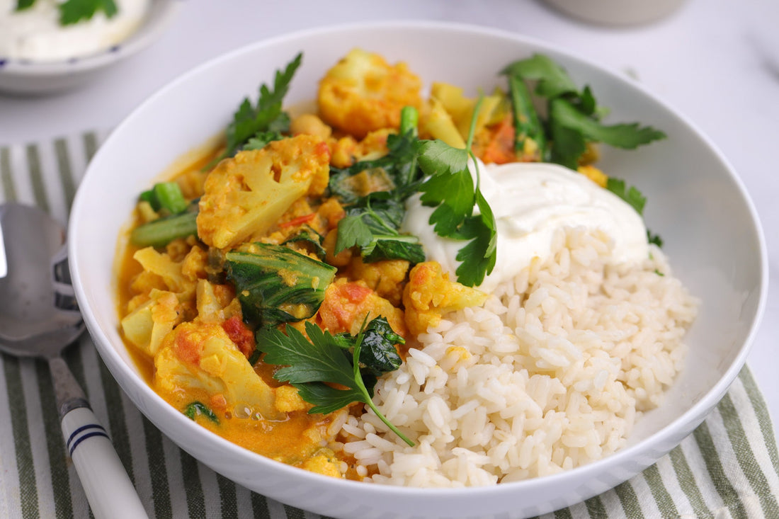 Cauliflower, Choy Sum, Scallion Chickpea Curry