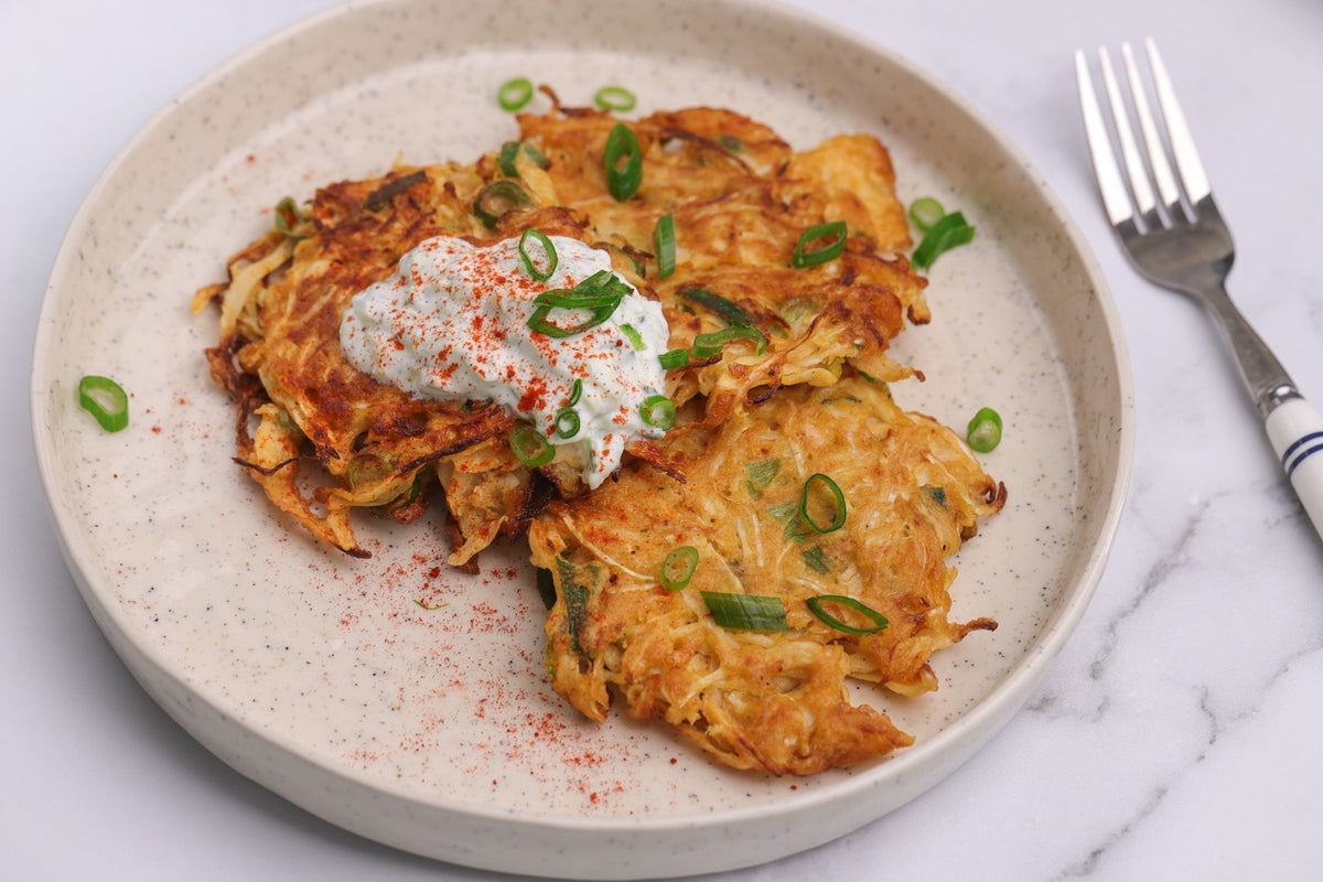 Harissa White Cabbage,Scallion Fritters with Tzatziki