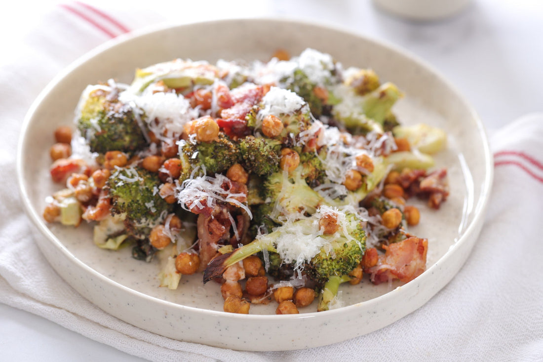 Warm Broccoli, Bacon, Chickpea, Tahini & Parmesan Salad