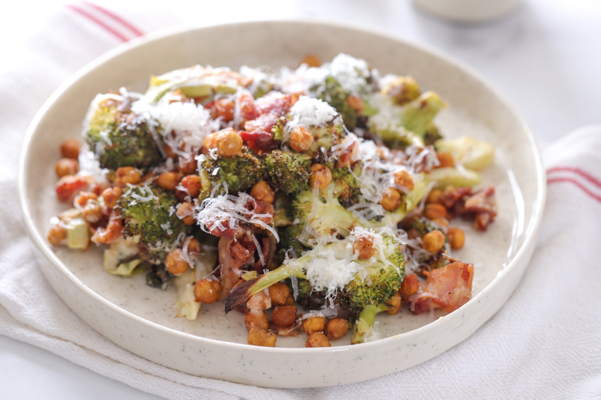 Warm Broccoli, Bacon, Chickpea, Tahini & Parmesan Salad