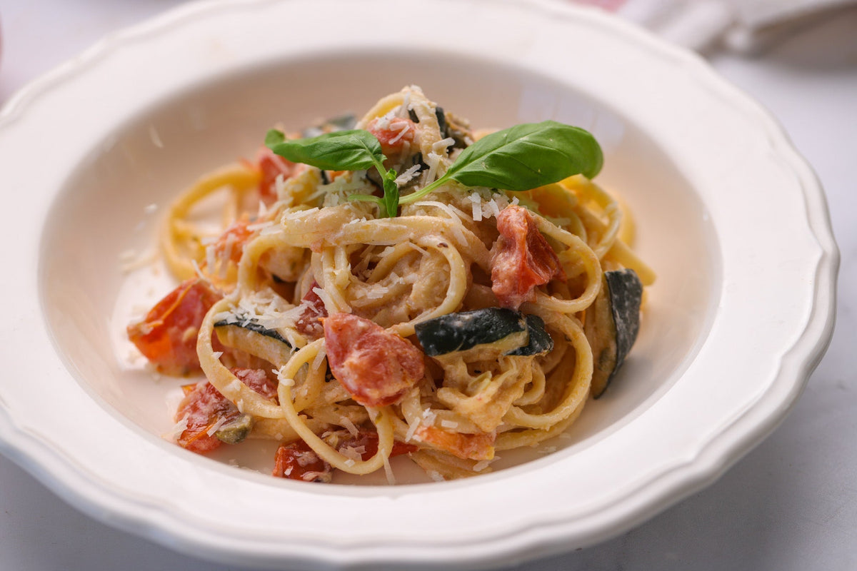 Baked Courgette, Tomato & Garlic Pasta