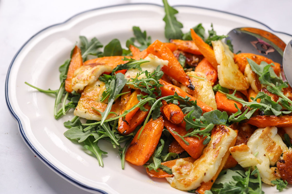 Roasted Carrots, Halloumi, Hot Honey and  Rocket Salad