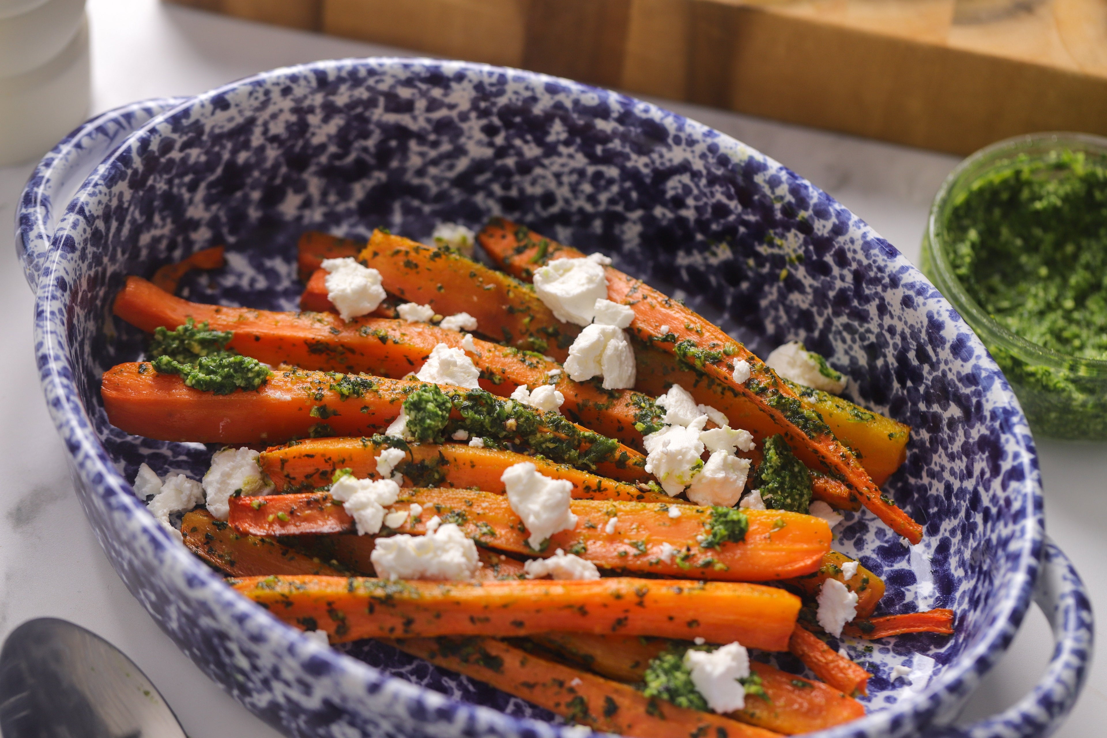 Wild Garlic Pesto Roasted Carrots with Goats Cheese