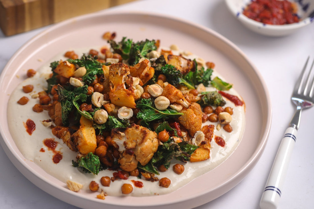 Honey Harissa Roasted Cauliflower with Chickpeas, Kale, Hazelnuts & Tahini Garlic Yogurt