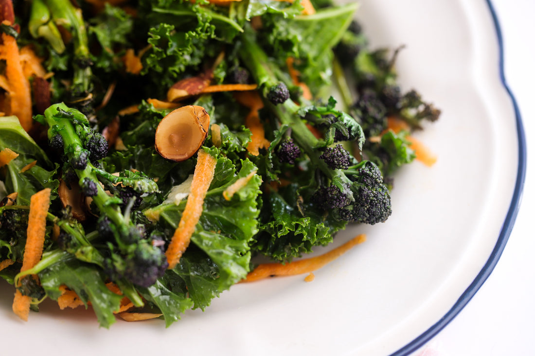 Purple Sprouting Broccoli, Kale, Almond & Carrot Salad with Lemon Dressing