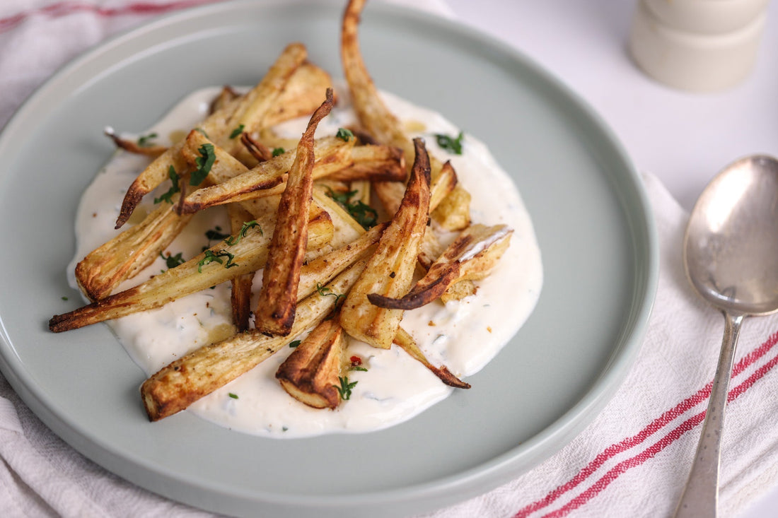 Air Fryer Curried Parsnips with Garlic Yogurt & Hot Honey