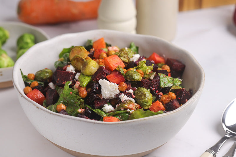 Warm Winter Veg Salad with Crispy Chickpeas, Feta & Walnuts