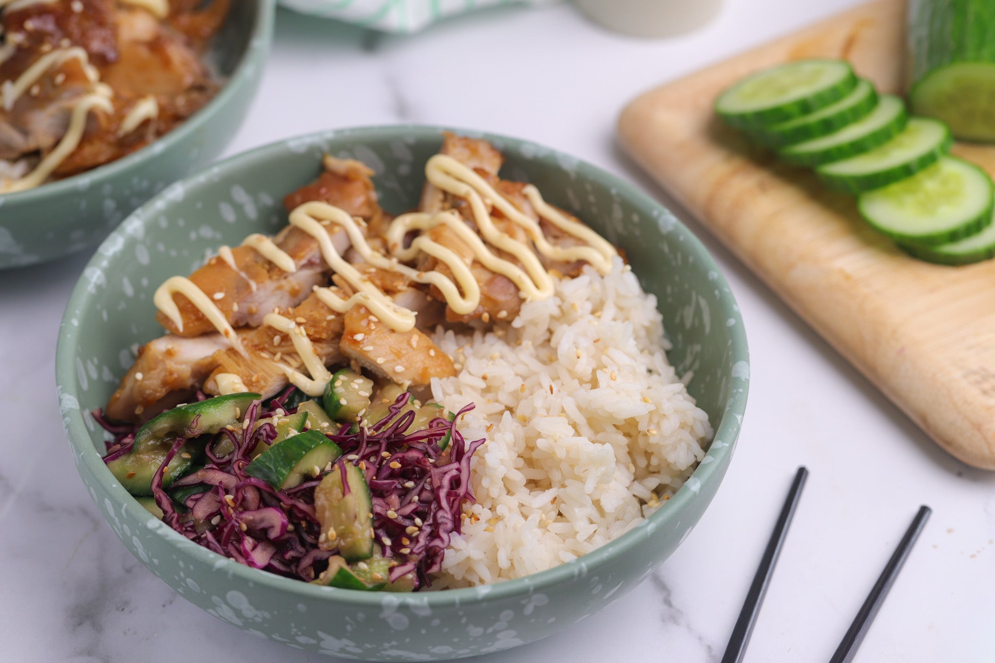 Smashed Asian Cucumber Chicken Rice Bowl